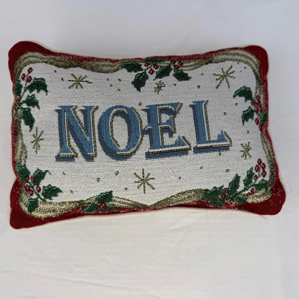 Vintage Christmas Noel Tapestry Throw Pillow Holly Berries Red 12x8